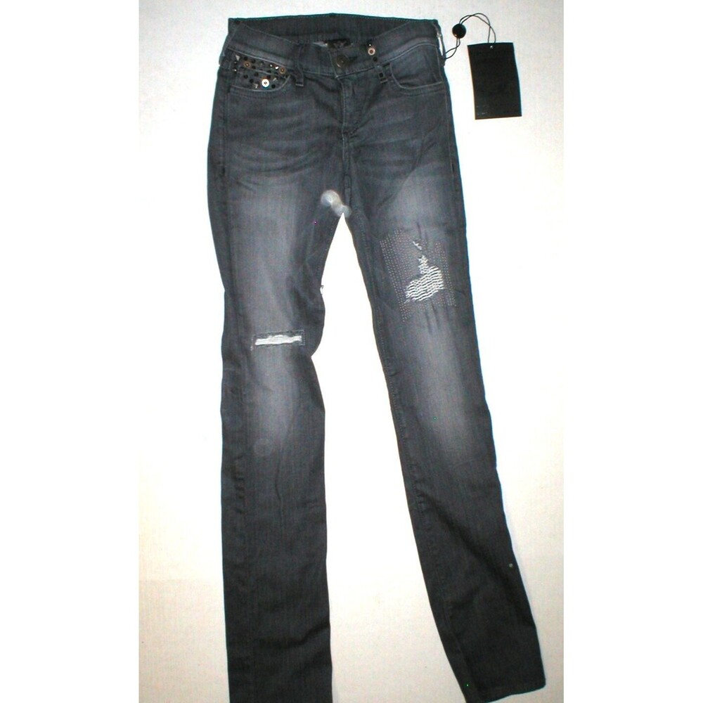 New Womens True Religion Brand Jeans Cora Metal Studs Destroyed Black NWT USA 24